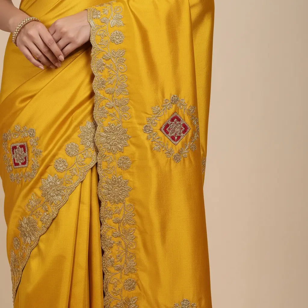 Yellow saree with gold embroidery on a beige background
