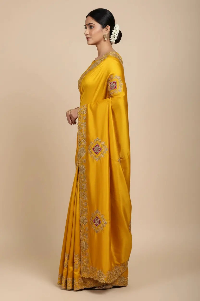 Woman wearing a yellow saree with gold embroidery on a beige background
