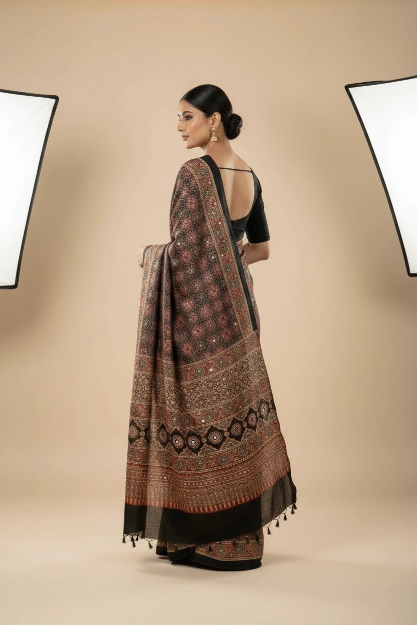 Black/Maroon Satin Embroidered Saree for Festive Evening
