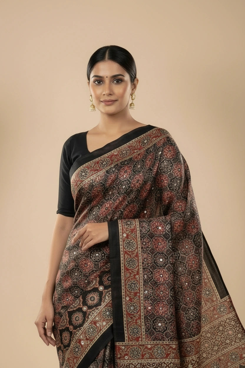 Black/Maroon Satin Embroidered Saree for Festive Evening