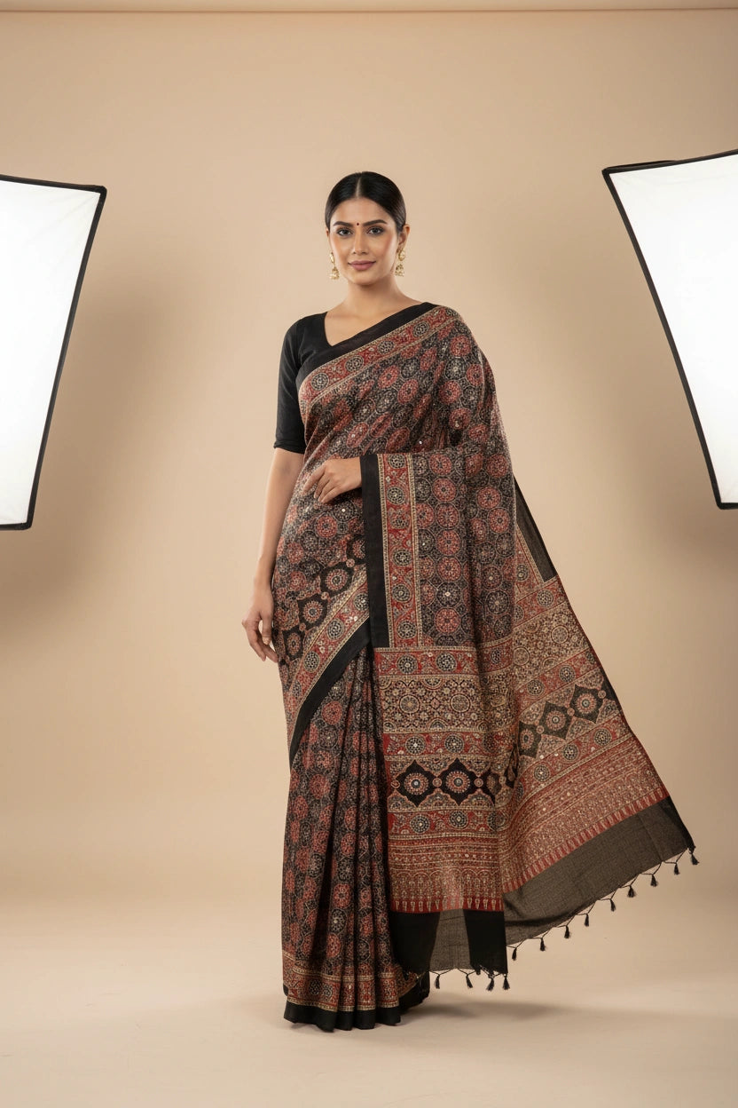 Black/Maroon Satin Embroidered Saree for Festive Evening