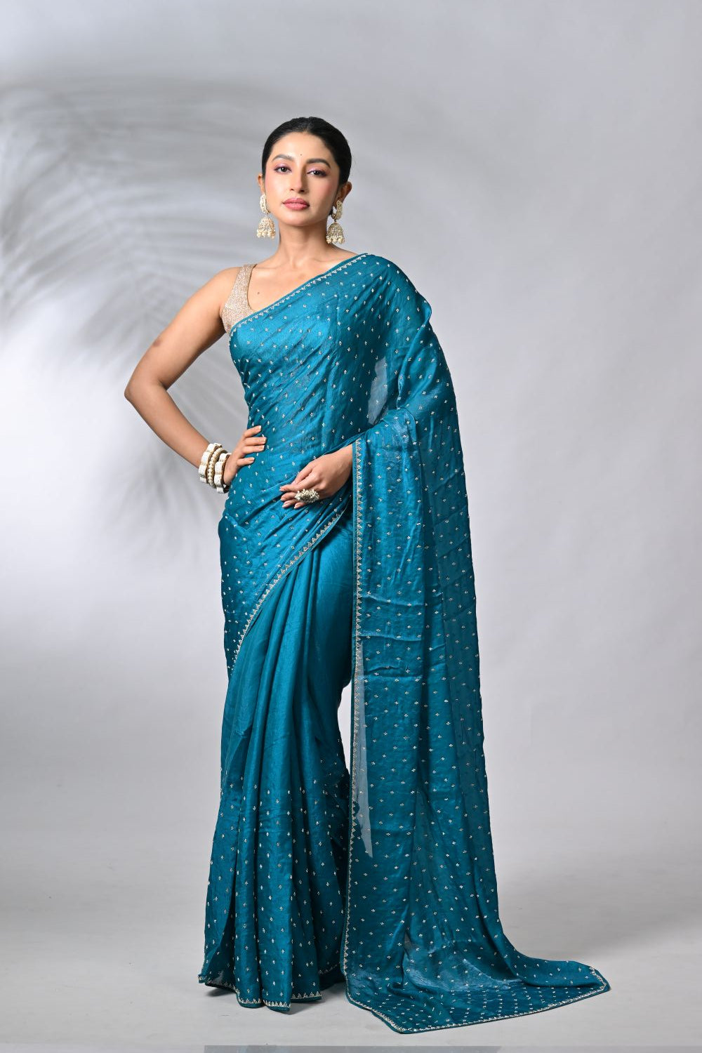 Peacock Blue Tissue Embroidery Saree