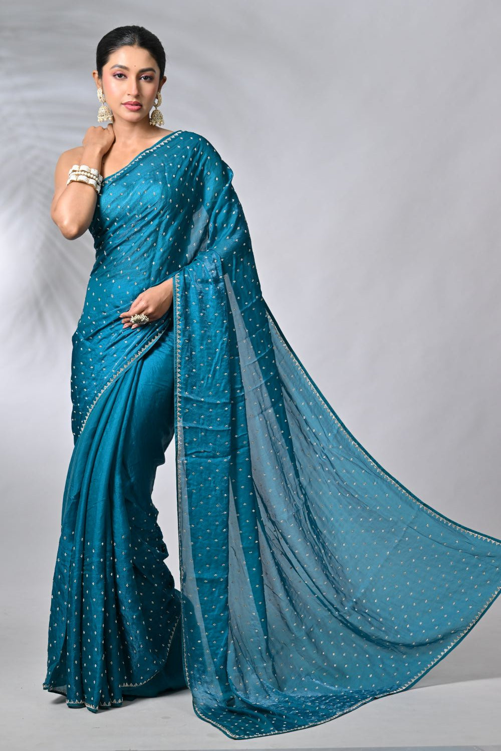 Peacock Blue Tissue Embroidery Saree