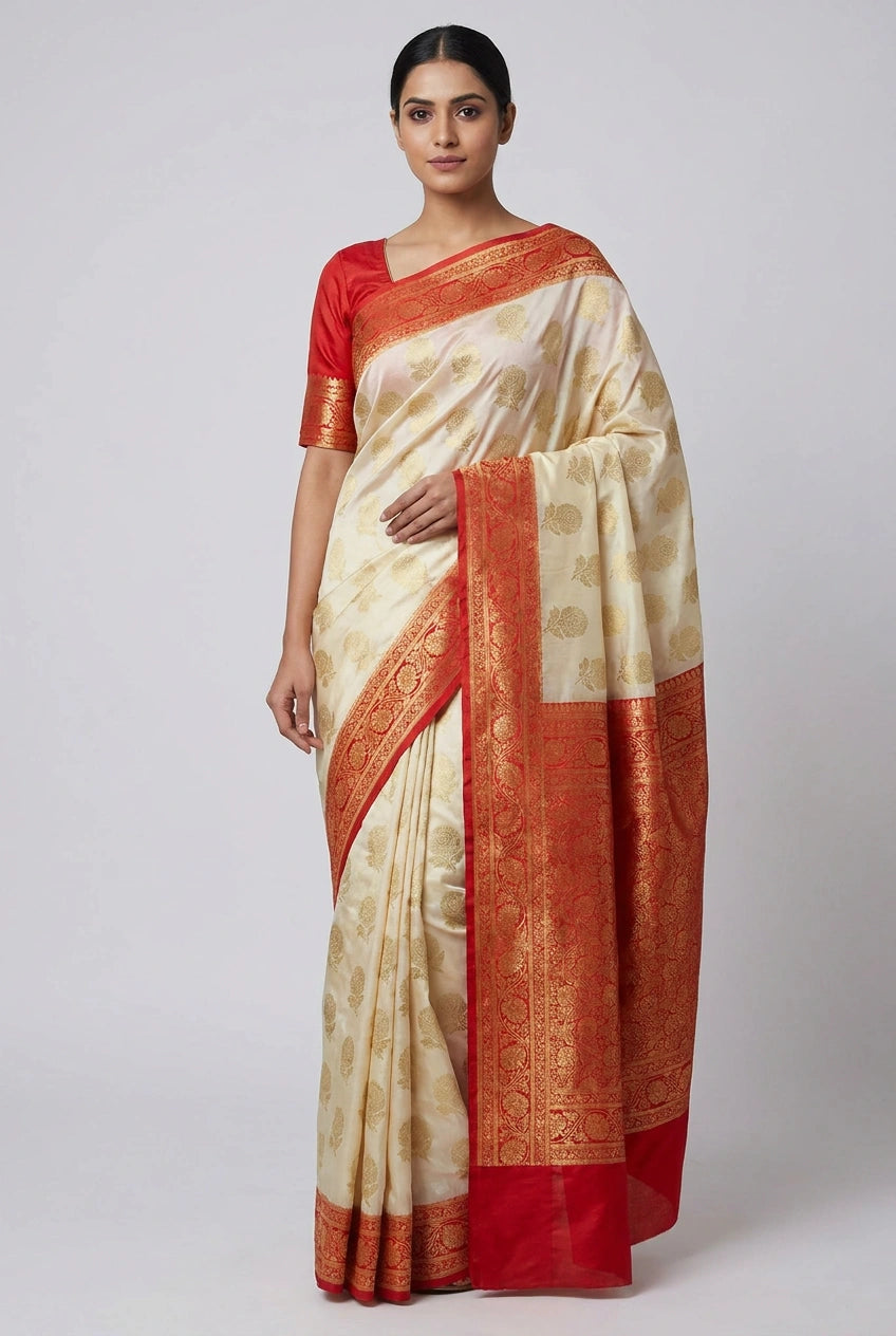 Woman wearing a cream and red saree with a white background