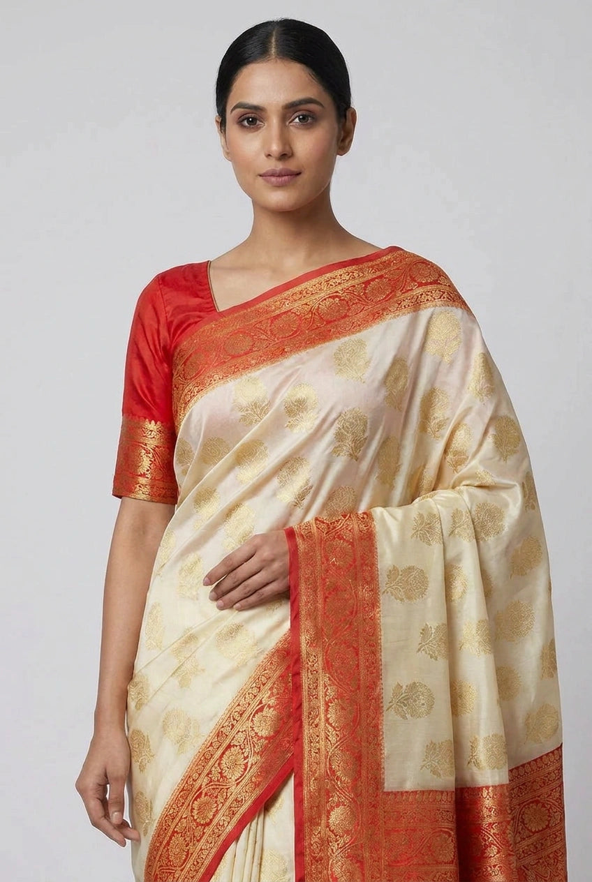 Woman wearing a white saree with orange border on a plain background
