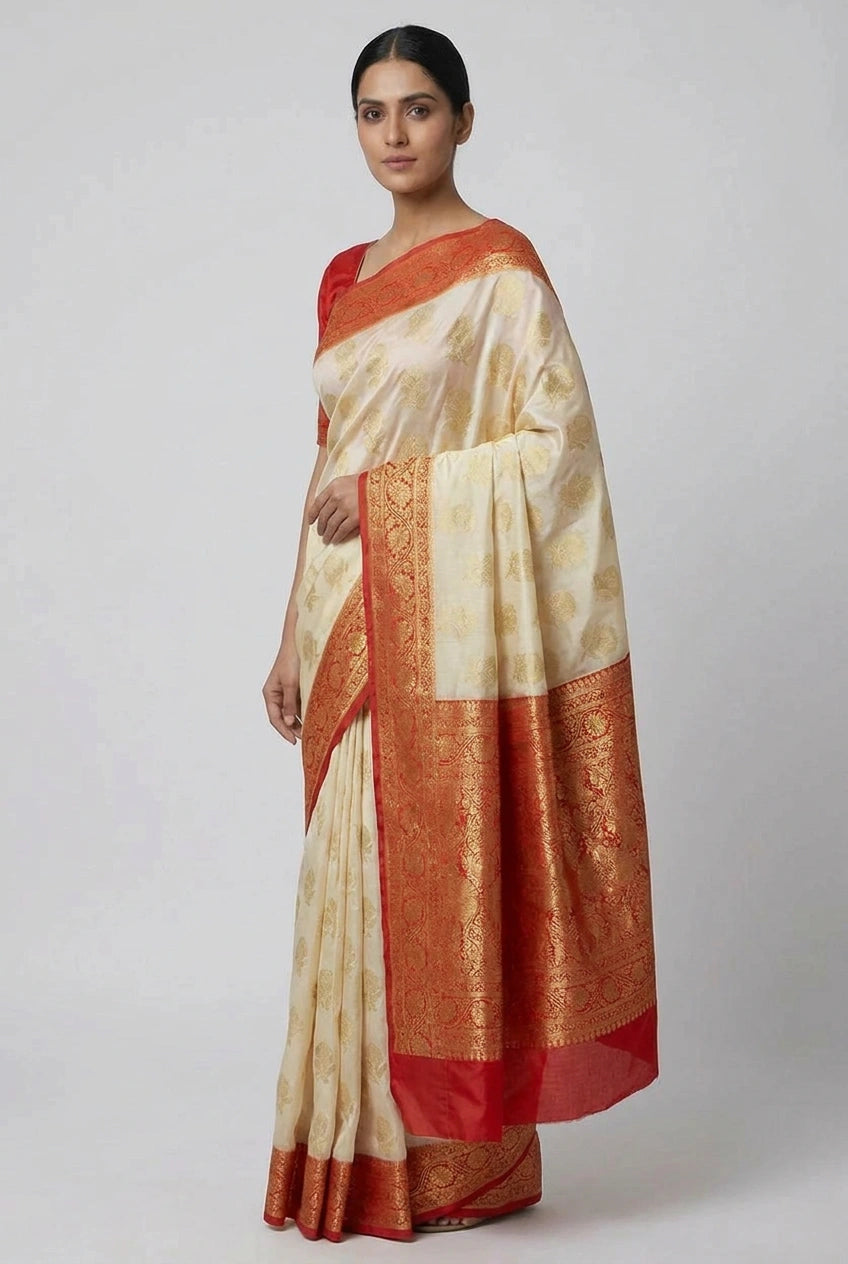 Woman wearing a cream and red saree with a white background