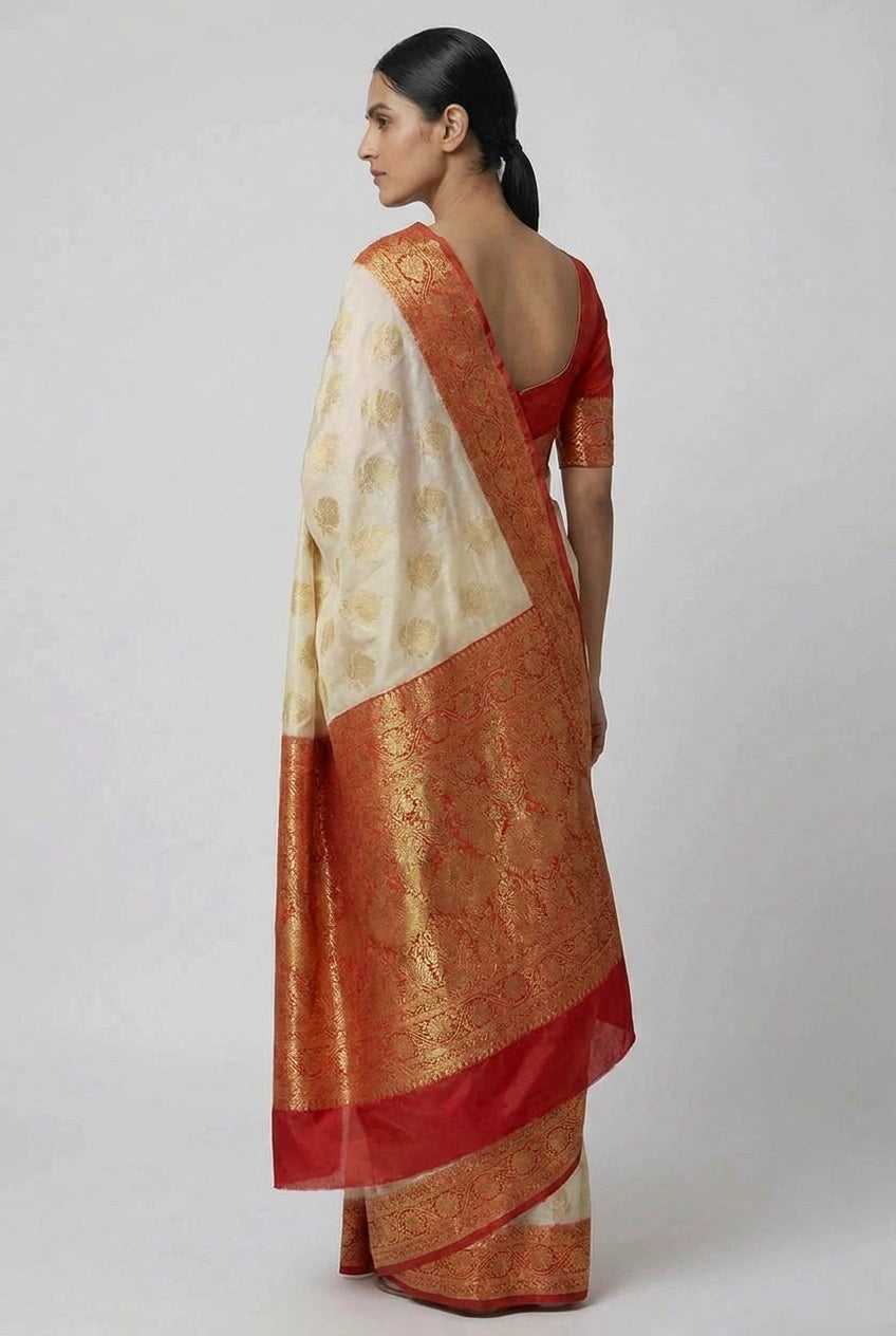 Beige/Red Katan Silk Banarasi Saree for Cocktail Night