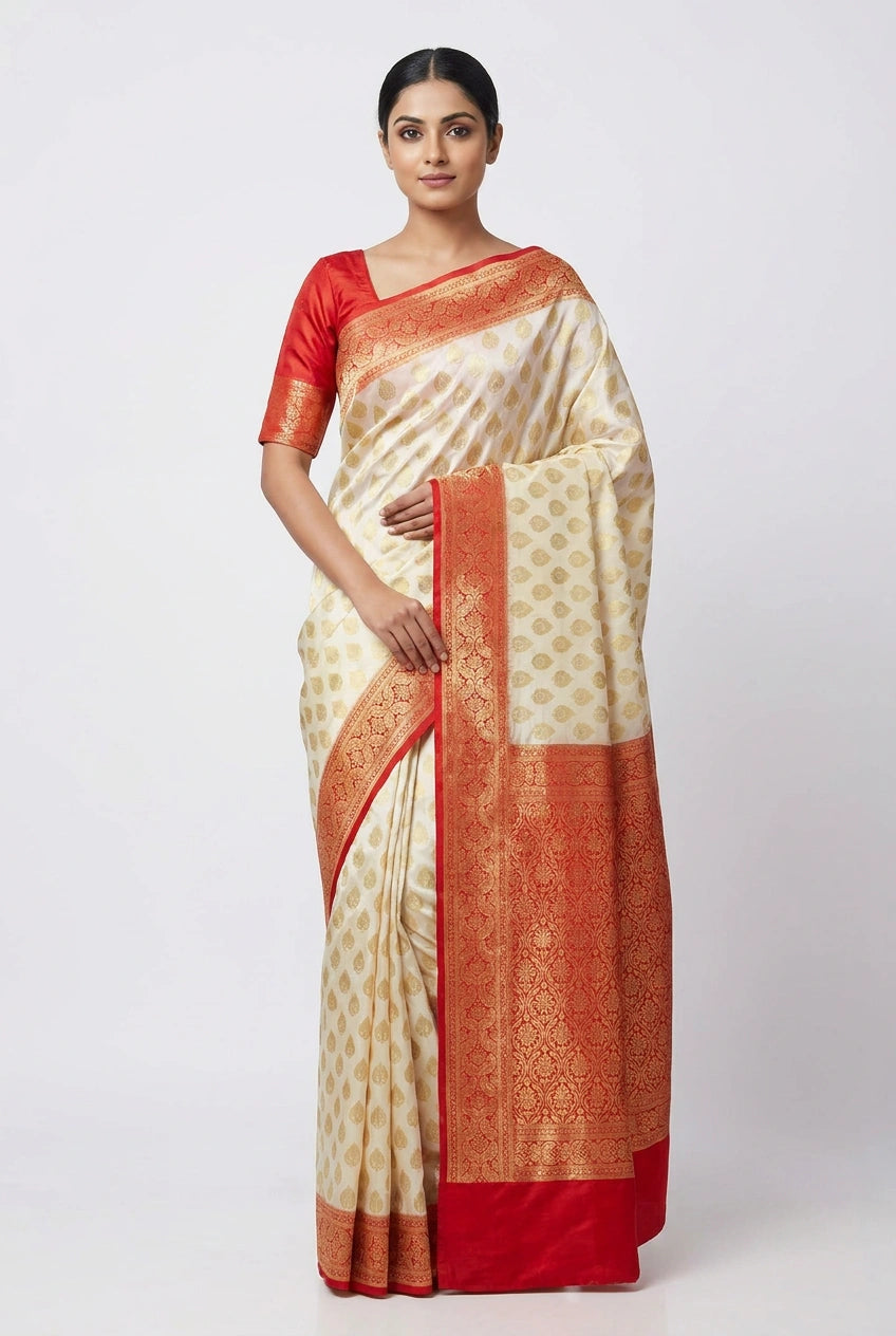 Woman wearing a cream and red saree on a white background
