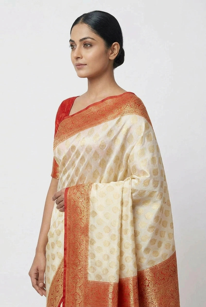 Woman wearing a white saree with orange border on a white background