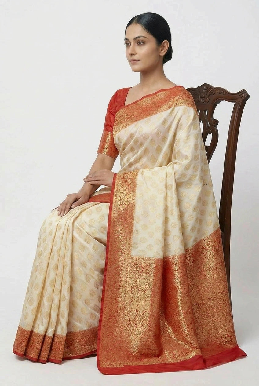 Beige/Red Katan Silk Banarasi Saree for Bridal Reception