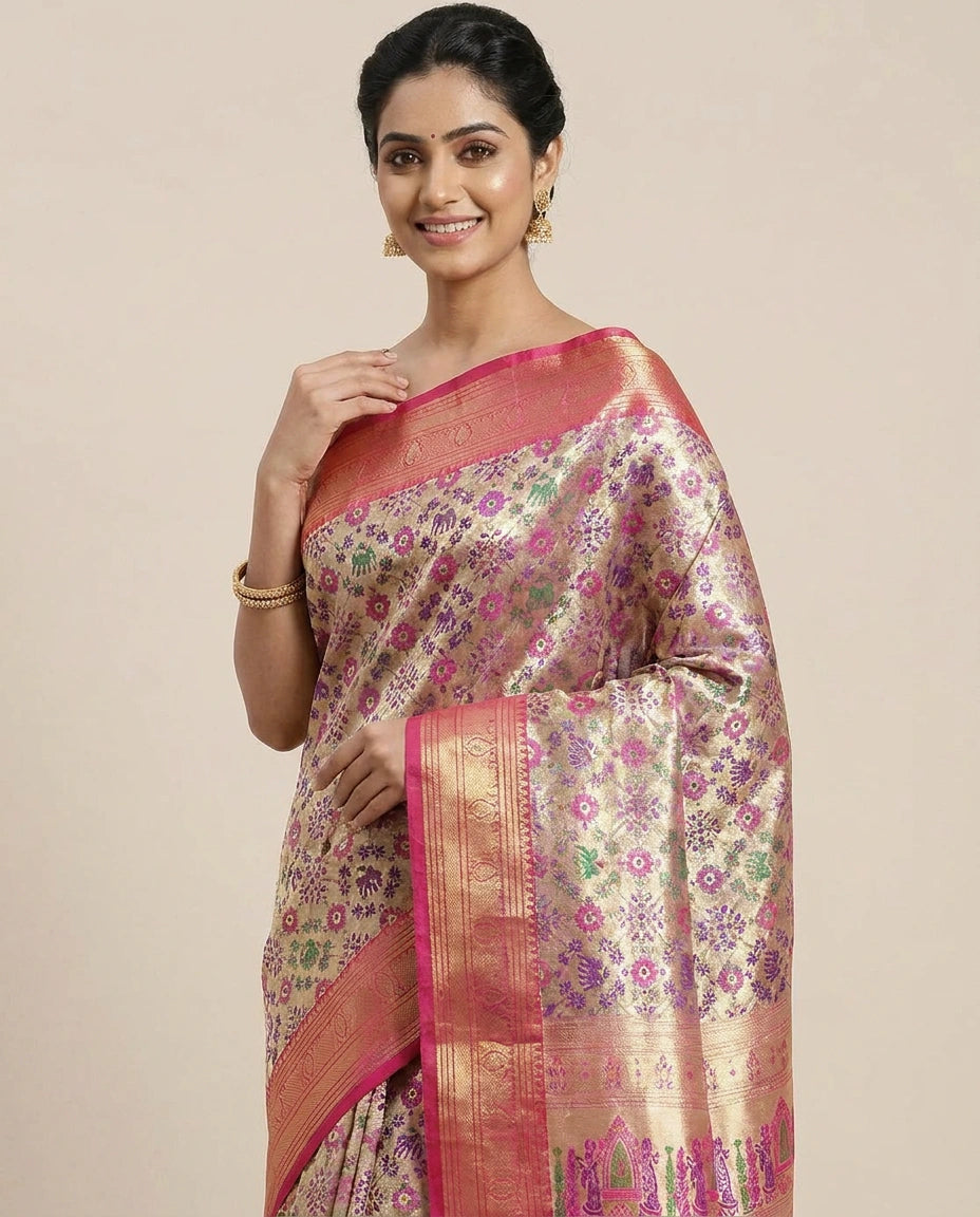 South Weave Saree in Tissue with Contrasting Border - Rangoli India
