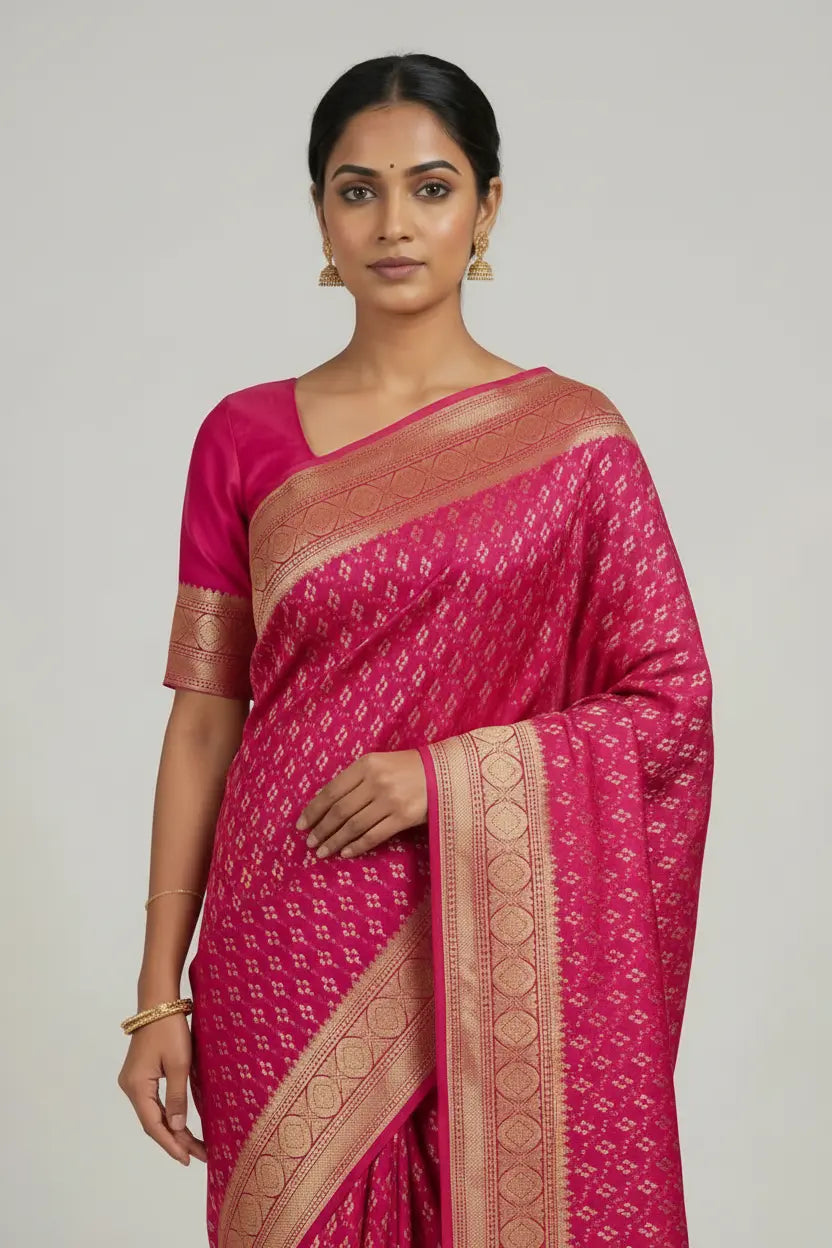 Woman wearing a pink saree with a white background