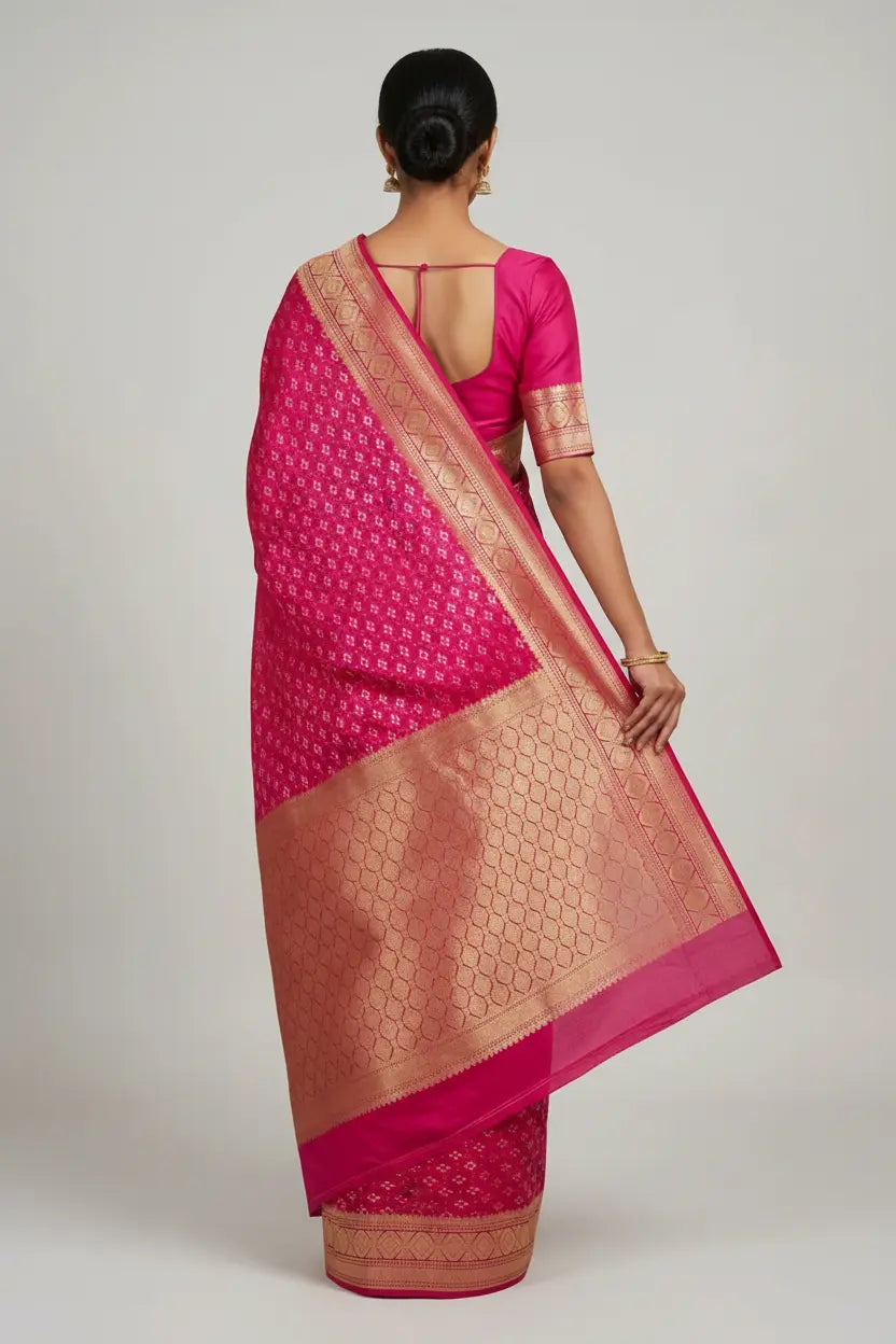 Woman wearing a pink saree with a gold border on a plain background