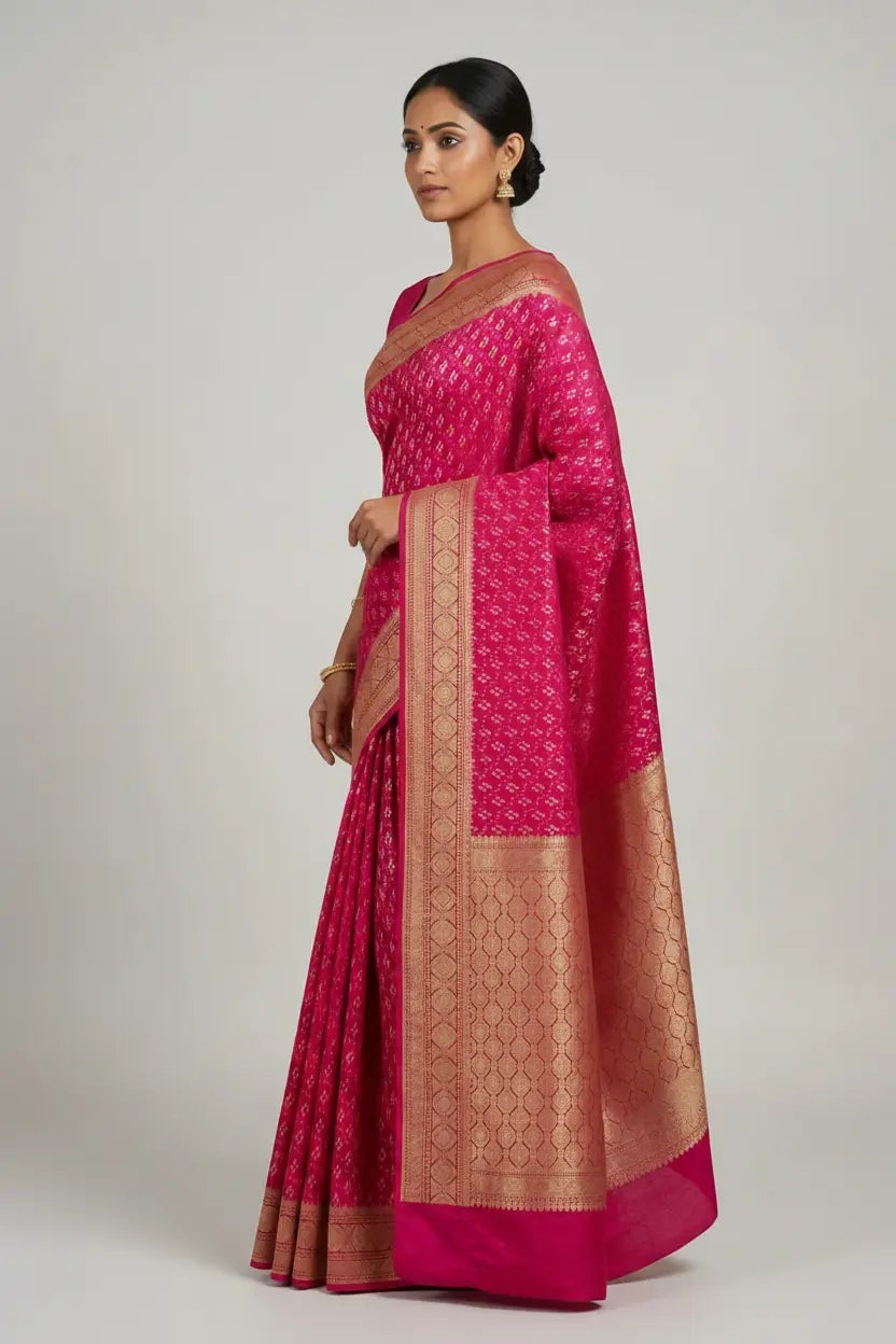 Woman wearing a pink saree with a gold border on a white background