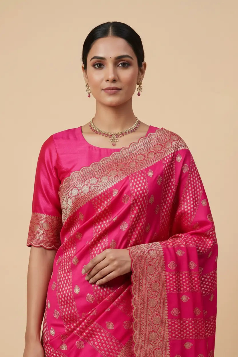 Woman wearing a pink saree with gold patterns on a beige background