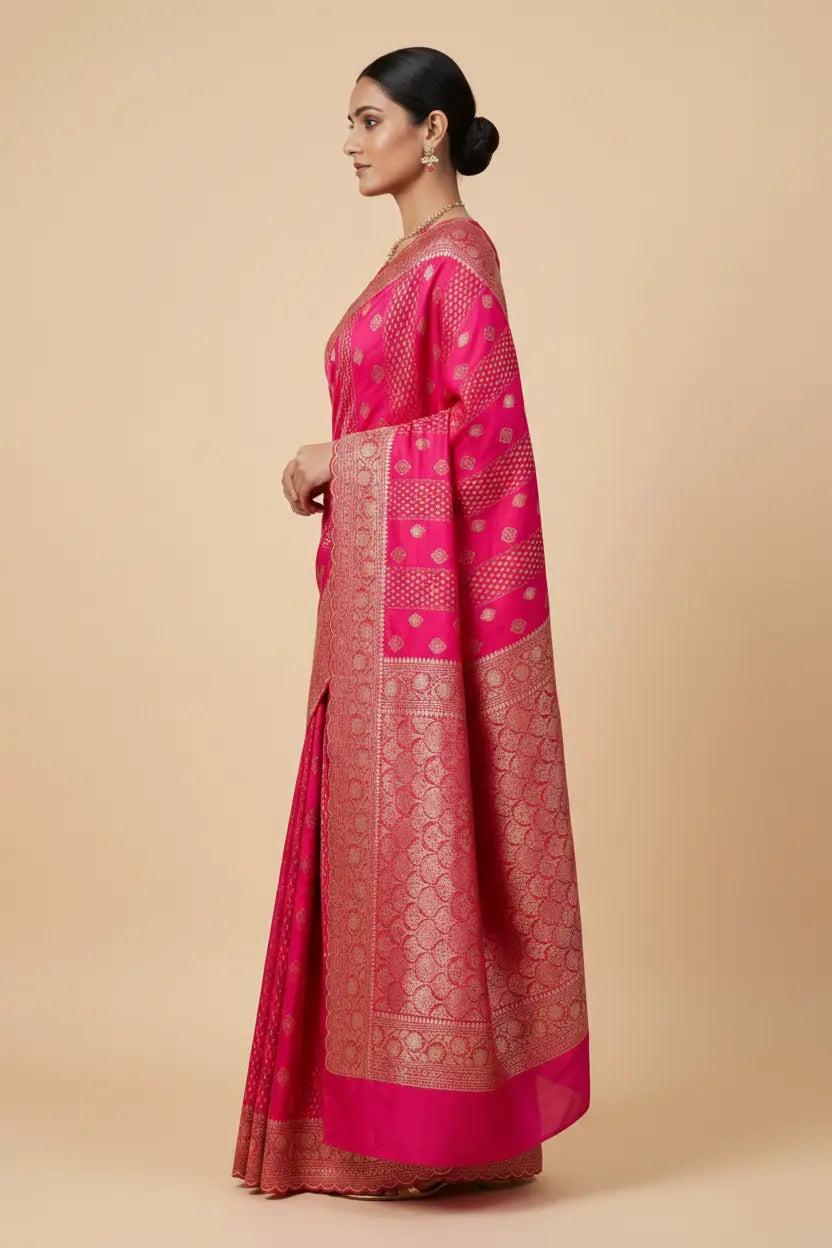 Woman wearing a pink saree with a beige background