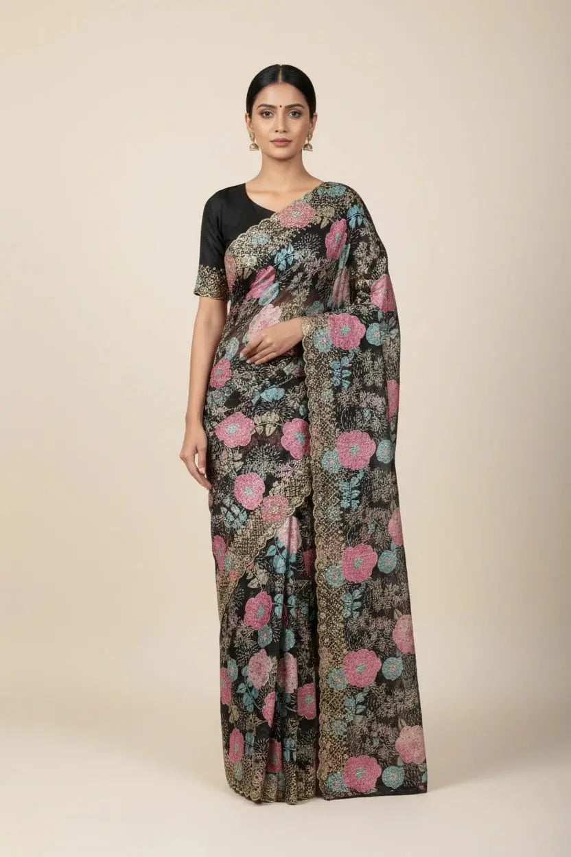 Woman wearing a floral saree with a plain background
