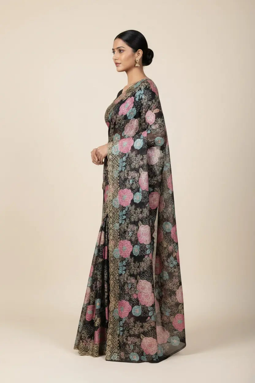 Woman wearing a floral saree with a neutral background