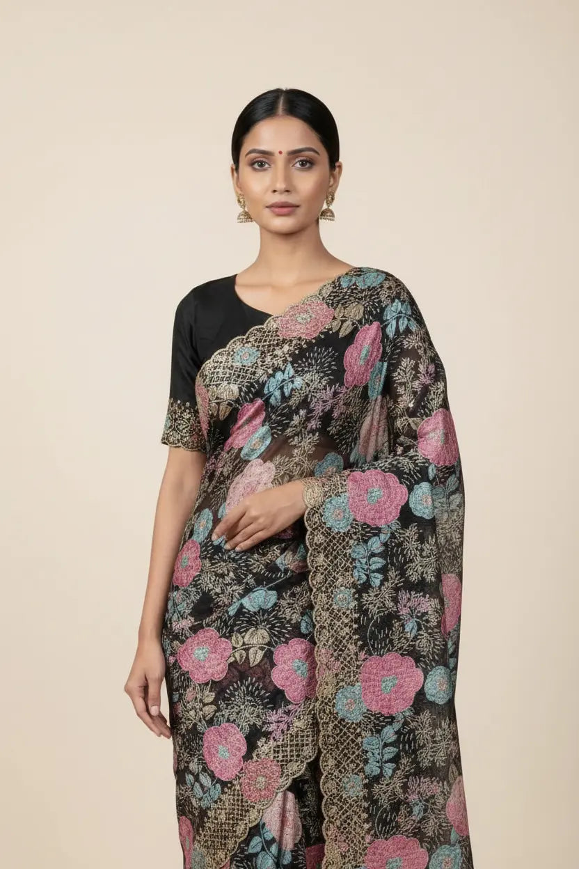 Woman wearing a floral saree with a black blouse against a beige background