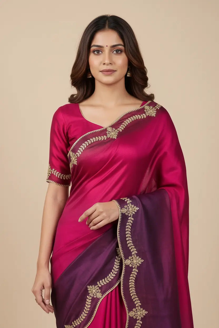 Woman wearing a pink and purple saree with gold embroidery on a beige background