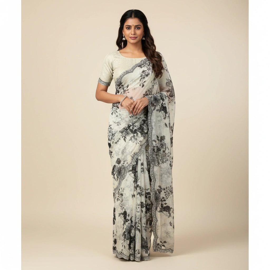 Embroidered Chinon Silk Saree with Traditional Motifs