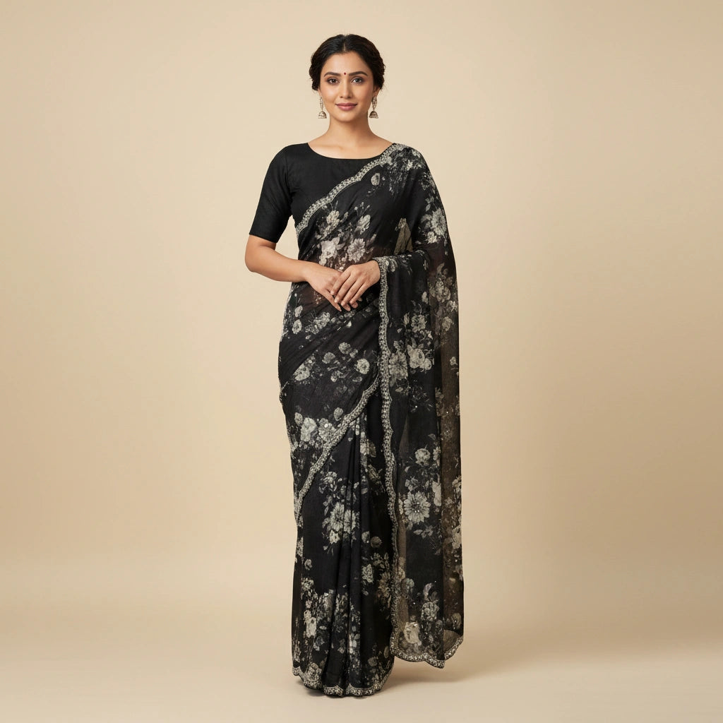 Embroidered Chinon Silk Saree with Traditional Motifs