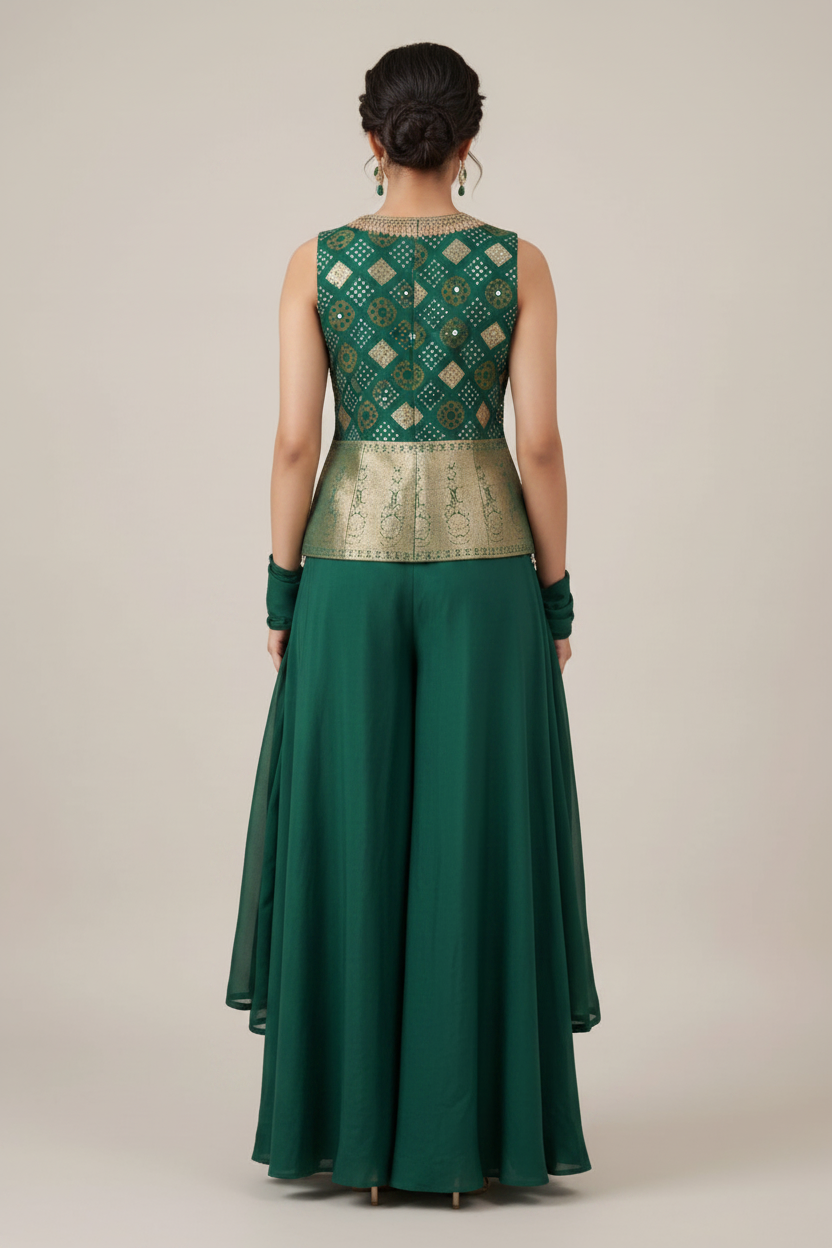Bottle Green Banarasi Brocade Peplum Palazzo Set