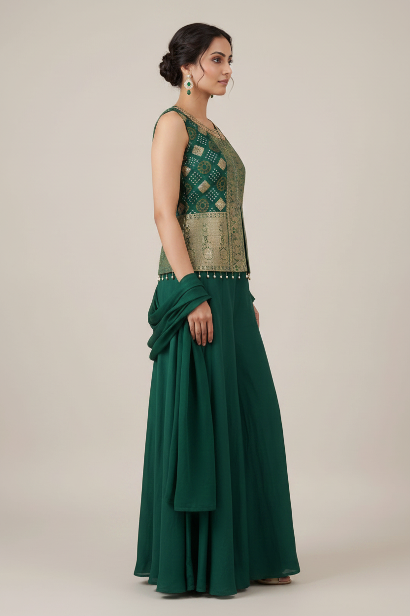 Bottle Green Banarasi Brocade Peplum Palazzo Set