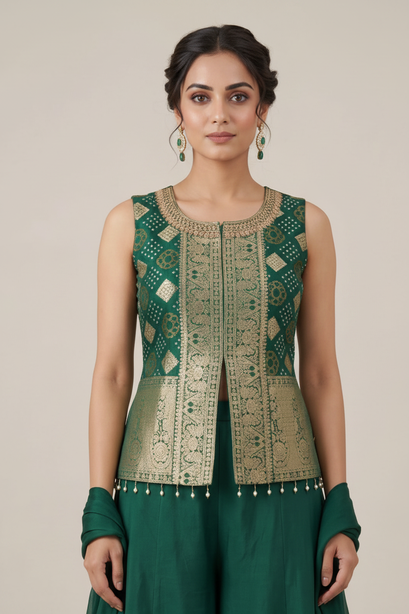 Emerald Brocade Peplum Palazzo Suit Ensemble