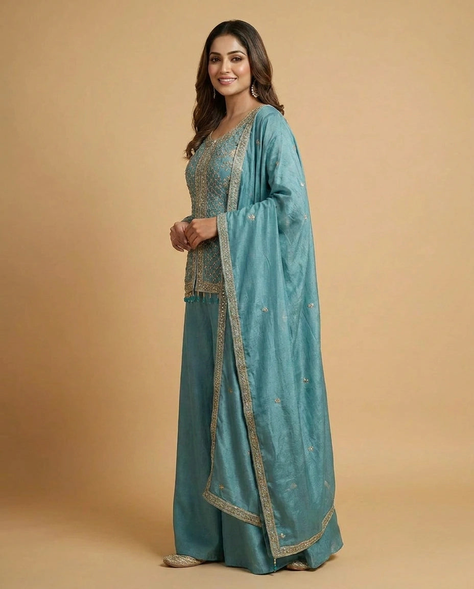 Tissue Long Choli Palazzo Set with Sequin Embellishments - Rangoli India