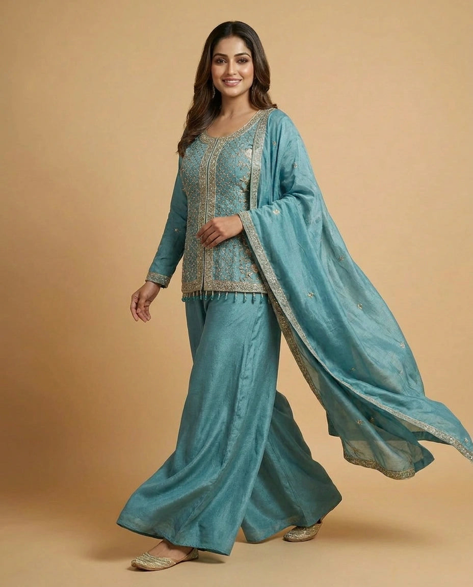 Tissue Long Choli Palazzo Set with Sequin Embellishments - Rangoli India