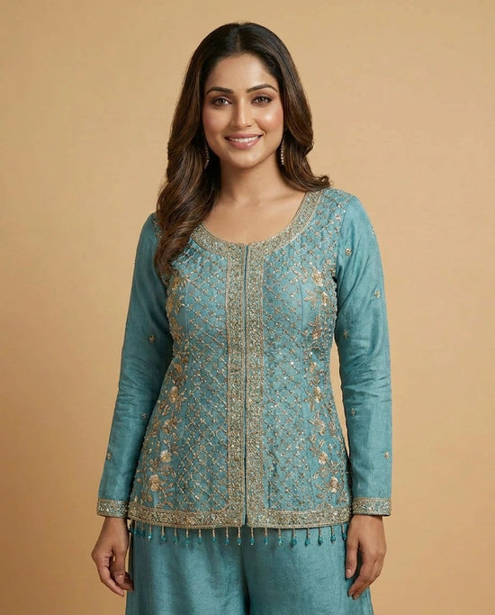 Tissue Long Choli Palazzo Set with Sequin Embellishments - Rangoli India
