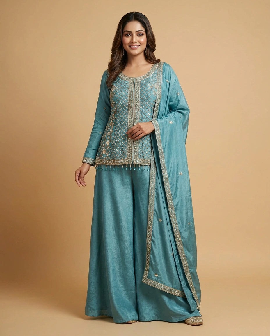 Tissue Long Choli Palazzo Set with Sequin Embellishments - Rangoli India