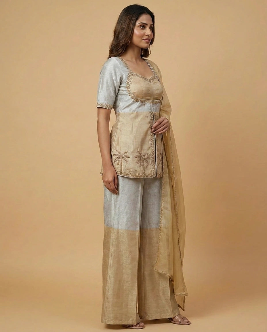 Beige Tissue Peplum Choli Palazzo Set with Embroidery - Rangoli India
