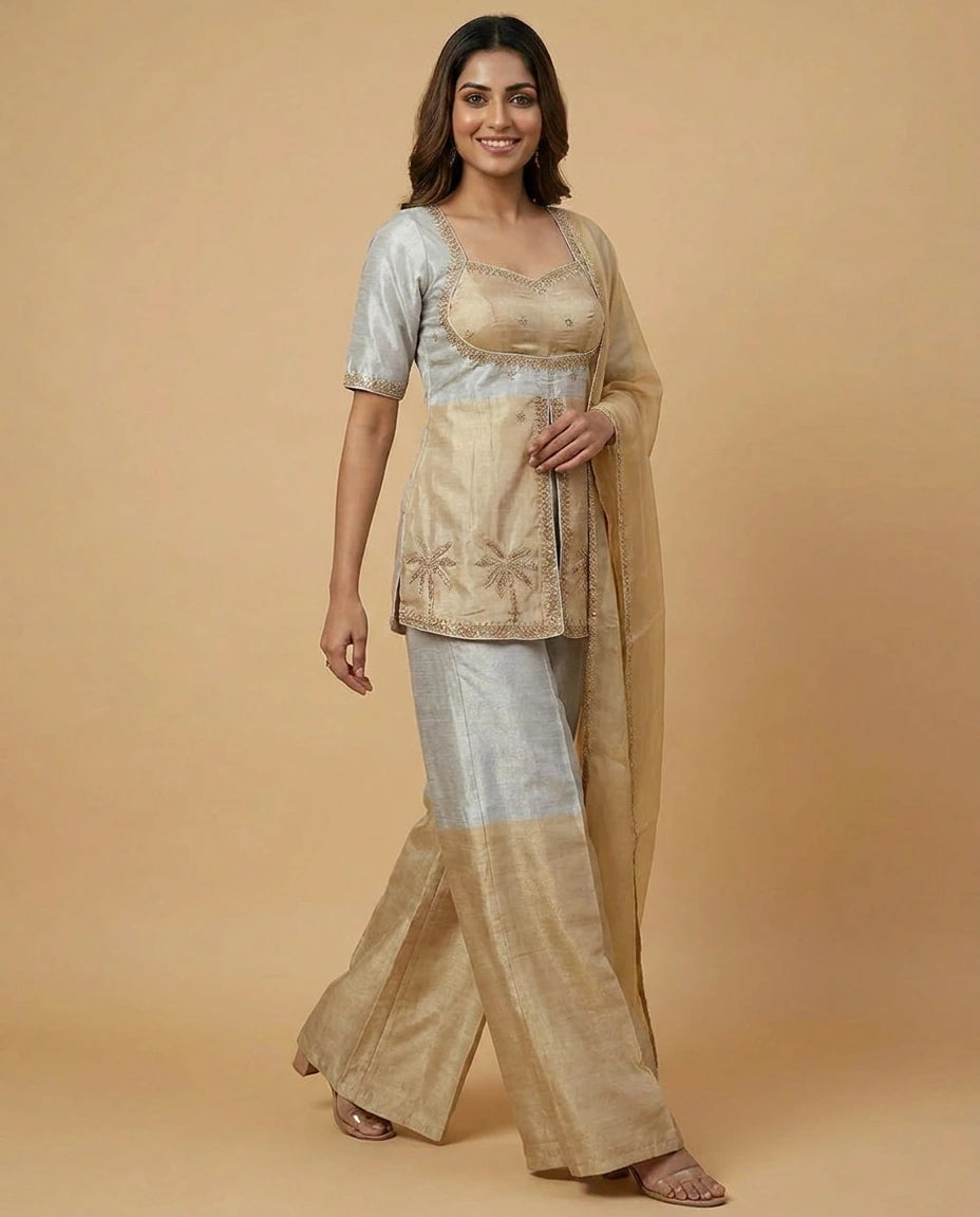 Beige Tissue Peplum Choli Palazzo Set with Embroidery - Rangoli India