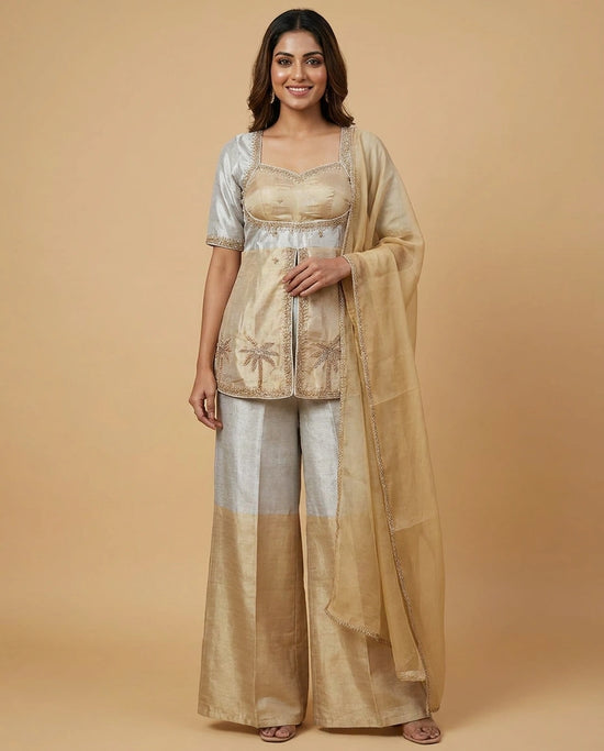 Beige Tissue Peplum Choli Palazzo Set with Embroidery - Rangoli India