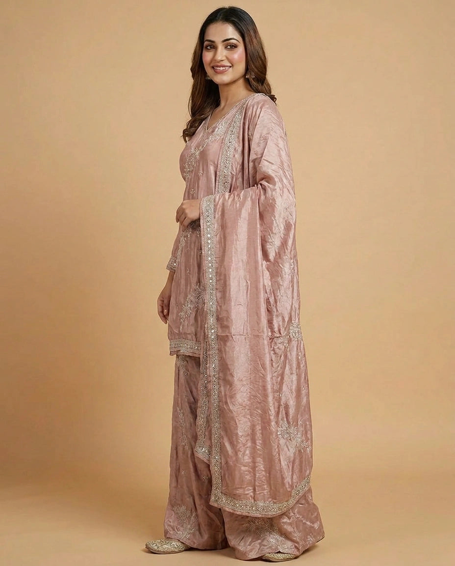 Tissue Suit Palazzo with Floral Embroidery and Sequin Work - Rangoli India