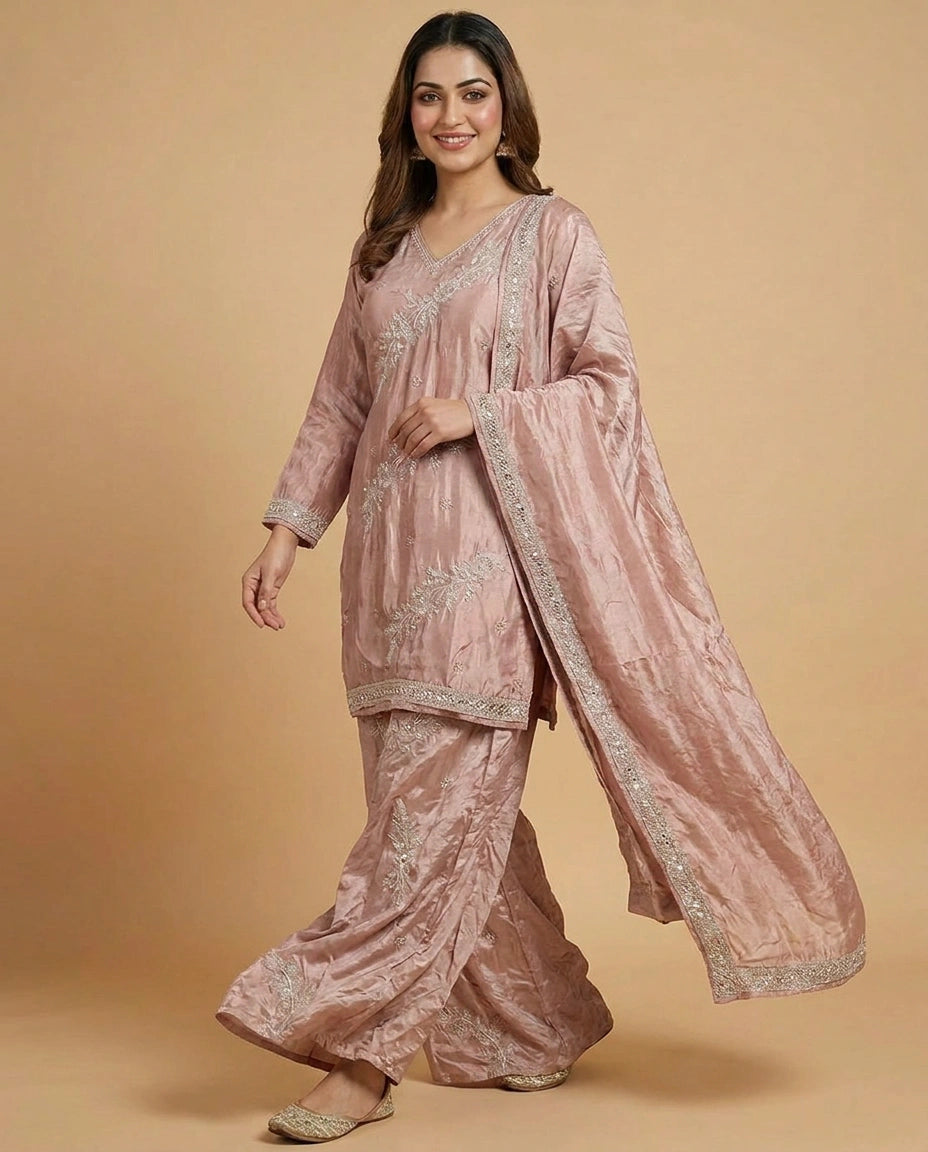 Tissue Suit Palazzo with Floral Embroidery and Sequin Work - Rangoli India
