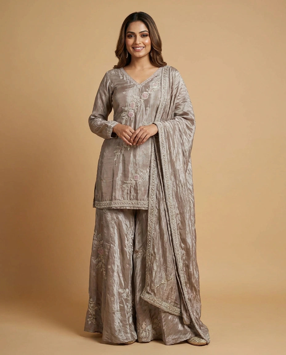 Tissue Suit Palazzo with Floral Embroidery and Sequin Work - Rangoli India