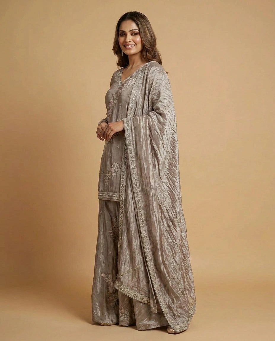 Tissue Suit Palazzo with Floral Embroidery and Sequin Work - Rangoli India