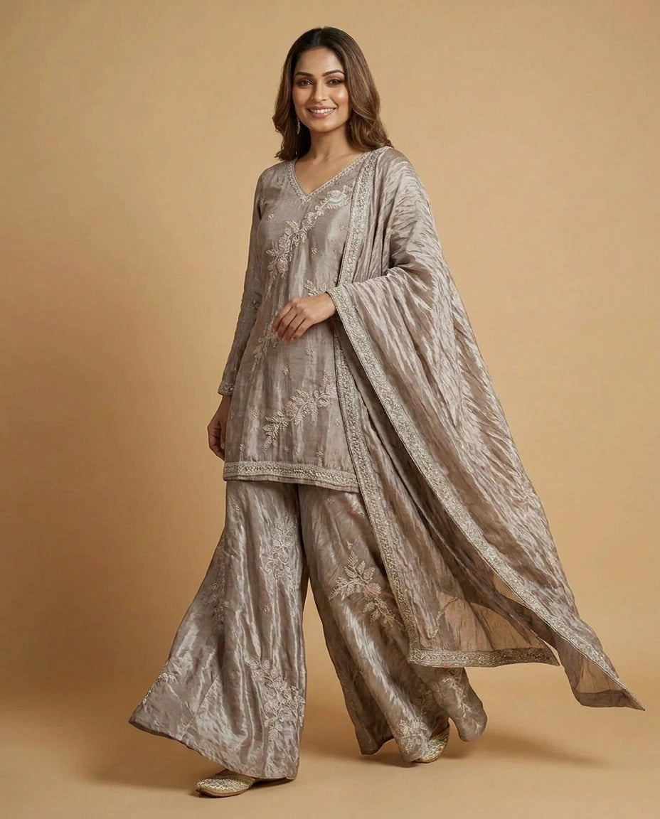 Tissue Suit Palazzo with Floral Embroidery and Sequin Work - Rangoli India