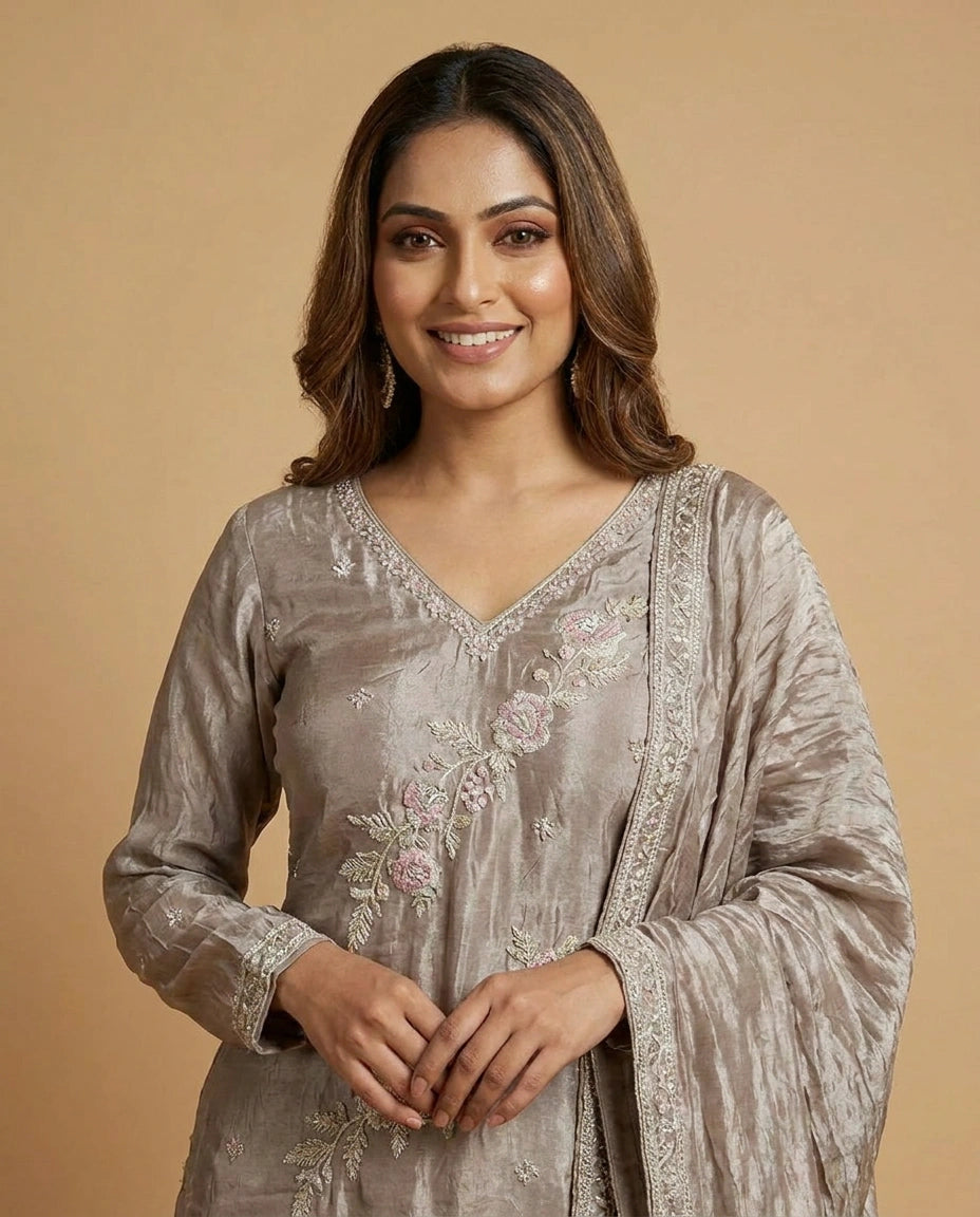 Tissue Suit Palazzo with Floral Embroidery and Sequin Work - Rangoli India