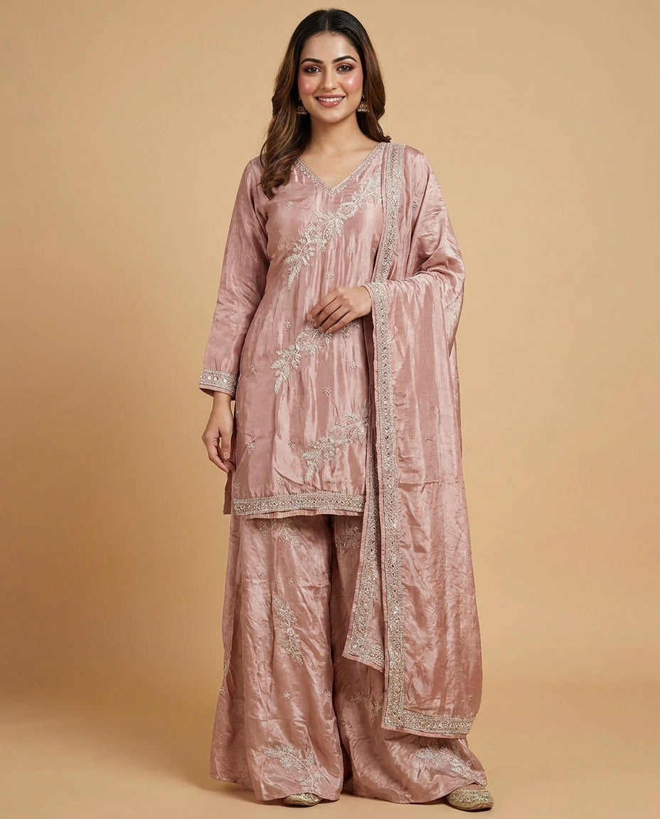 Tissue Suit Palazzo with Floral Embroidery and Sequin Work - Rangoli India
