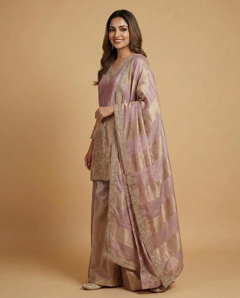 Tissue Suit Palazzo with Golden Embroidery - Rangoli India