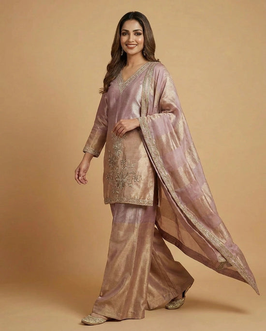 Tissue Suit Palazzo with Golden Embroidery - Rangoli India