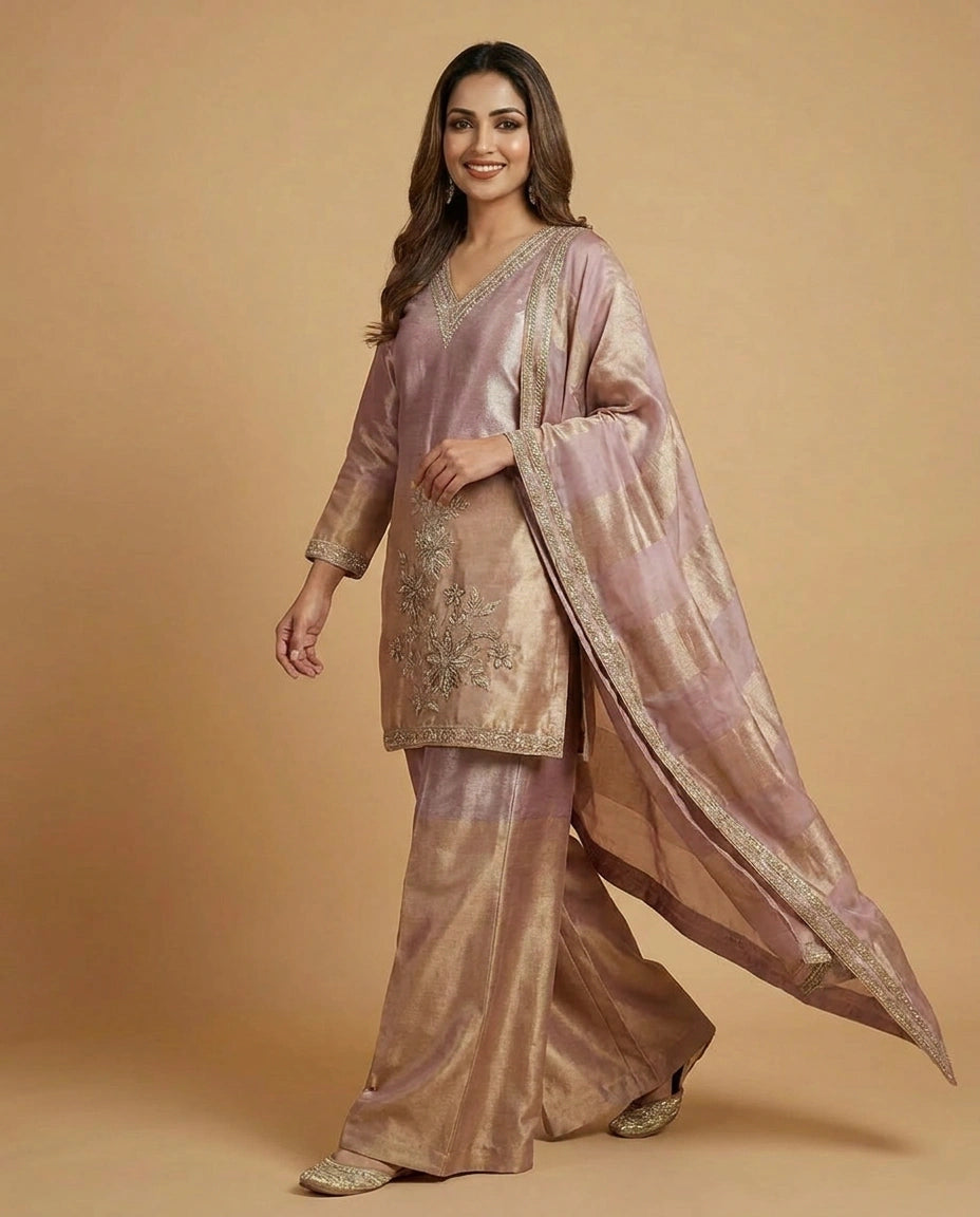 Tissue Suit Palazzo with Golden Embroidery - Rangoli India