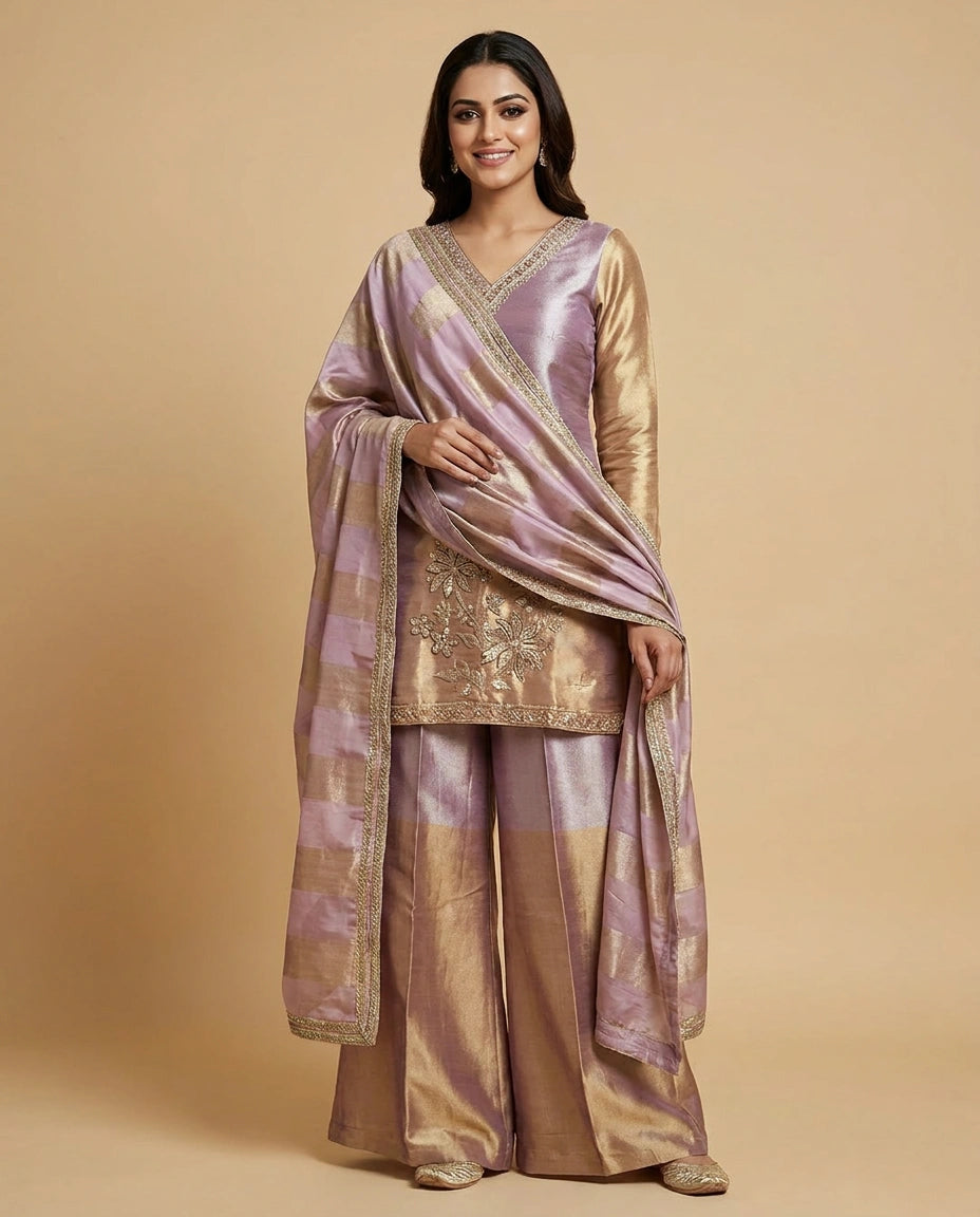 Tissue Suit Palazzo with Golden Embroidery - Rangoli India