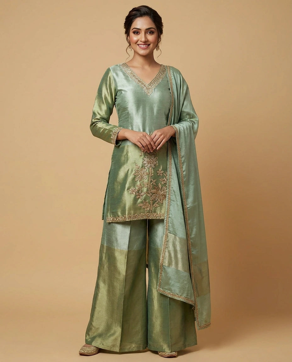 Tissue Suit Palazzo with Golden Embroidery - Rangoli India