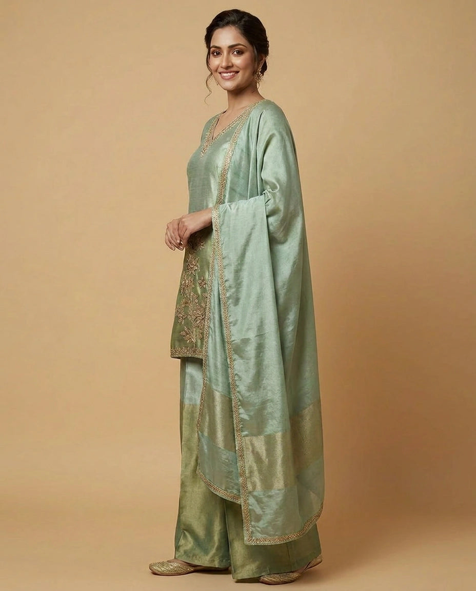 Tissue Suit Palazzo with Golden Embroidery - Rangoli India