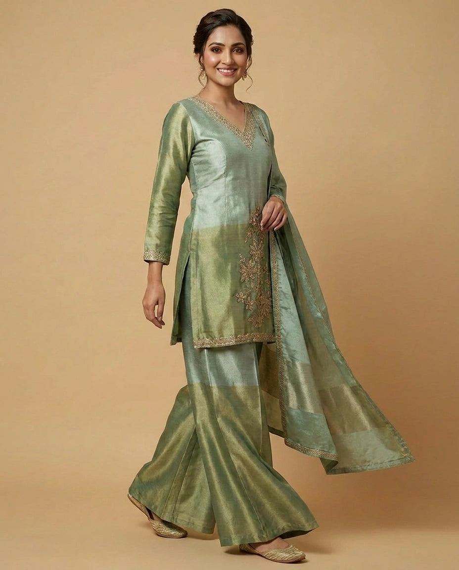 Tissue Suit Palazzo with Golden Embroidery - Rangoli India